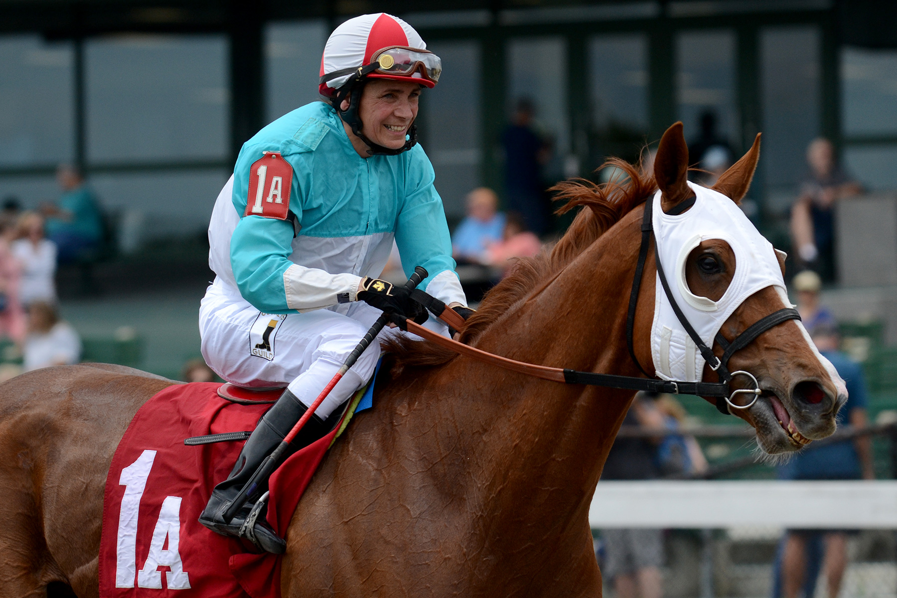Tammi Piermarini and Saint Alfred galloping back to the winner's circle after the Moran Stakes