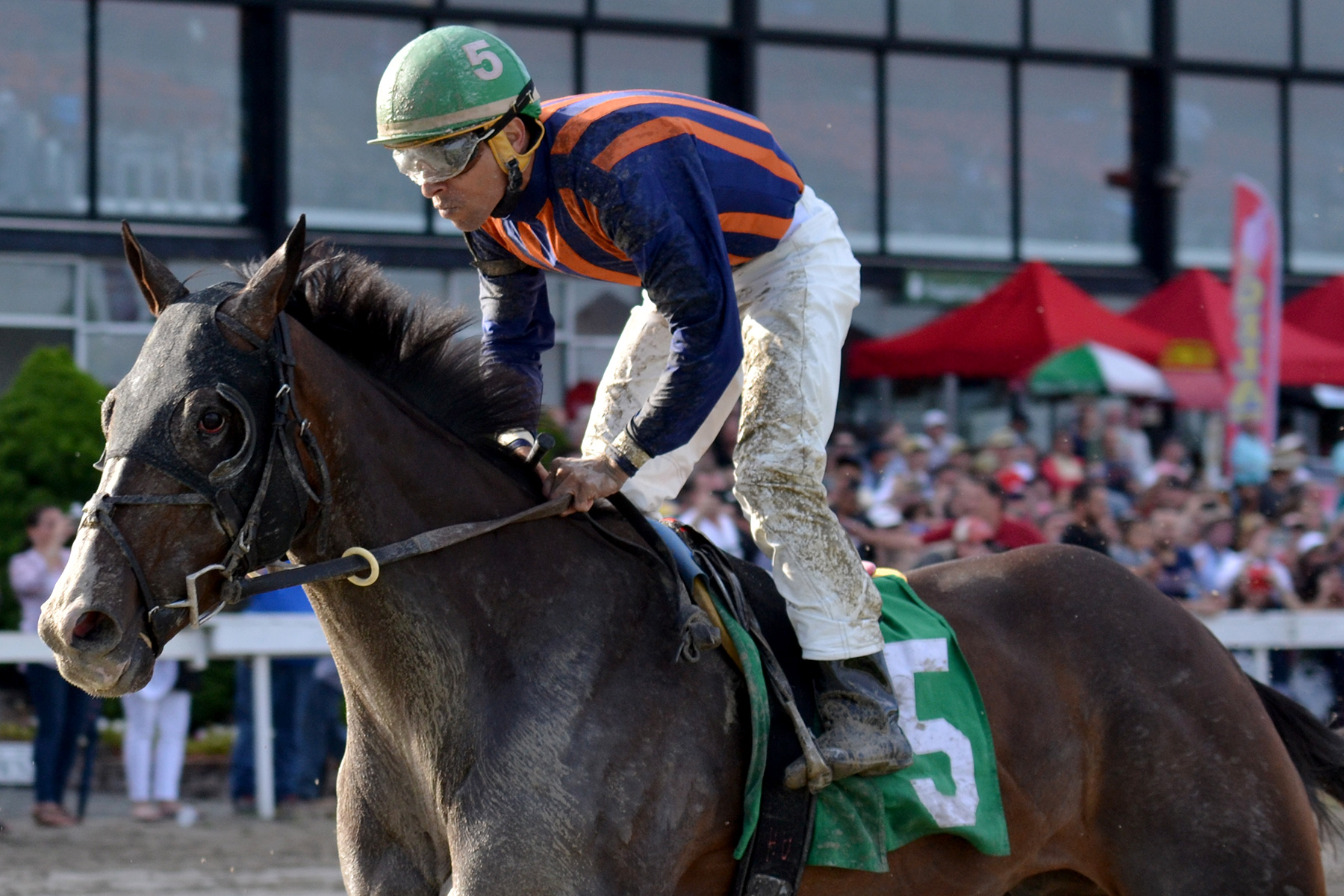 Catauga County and rider Andy Hernandez Sanchez cross the finish line first in race 10 on June 30 at Suffolk Downs